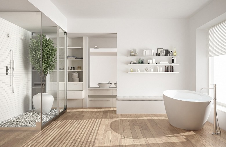 Drewniana podłoga w białej łazience – praktyczne i piękne aranżacje