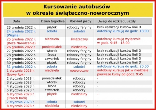 Kursowanie autobusów w okresie świąteczno-noworocznym