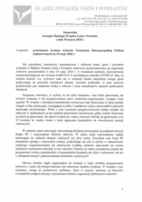 Śląski Związek Gmin i Powiatów apeluje o przesunięcie wyborów